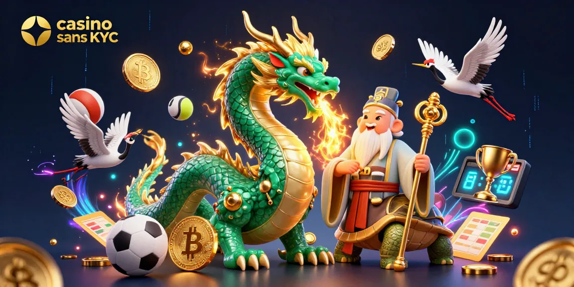 Visuel captivant de casino sans KYC crypto illustrant un dragon, une tortue sage, et des grues chanceuses.