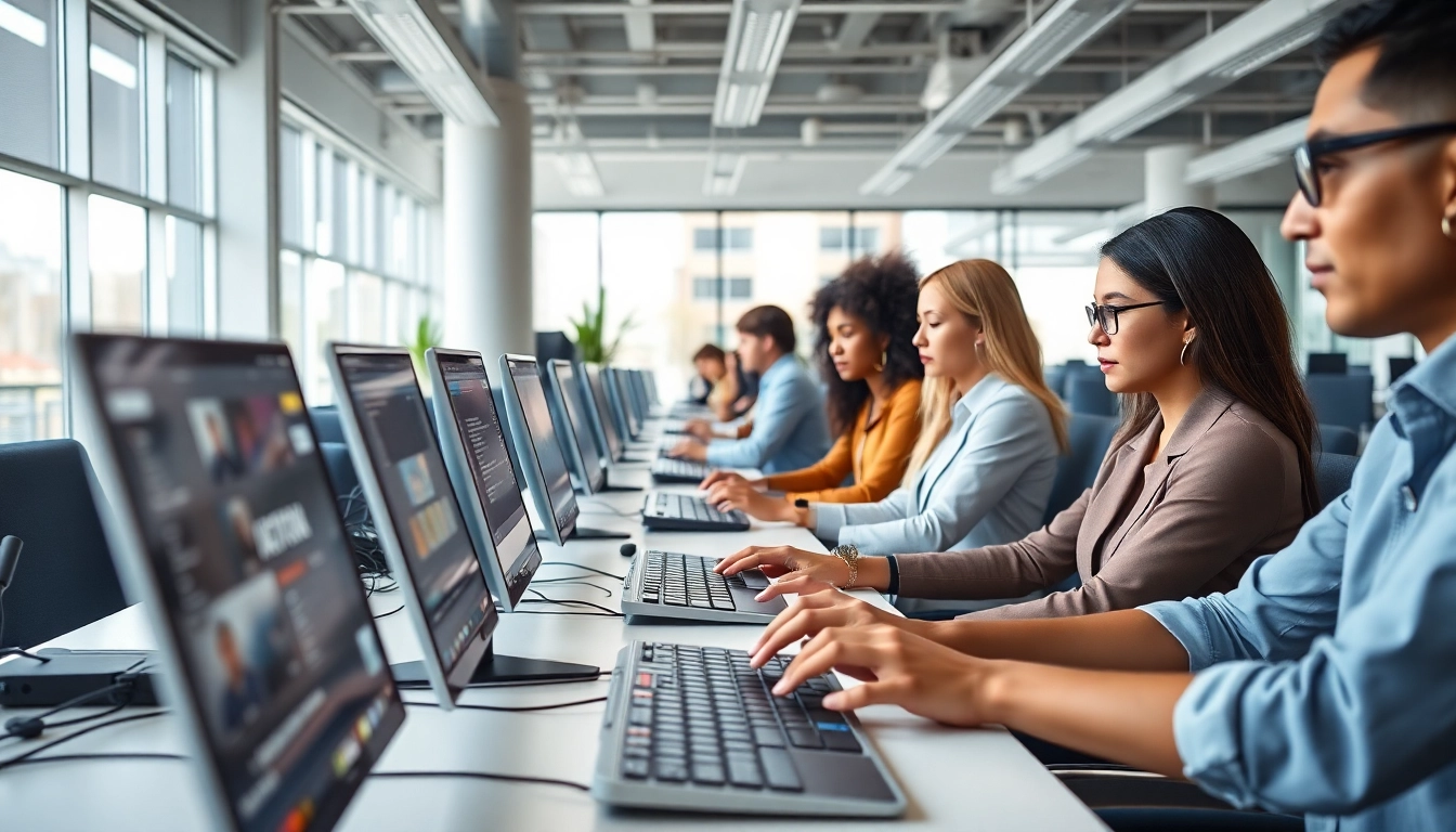 Dynamic environment in a typing center, showcasing team collaboration and productivity.