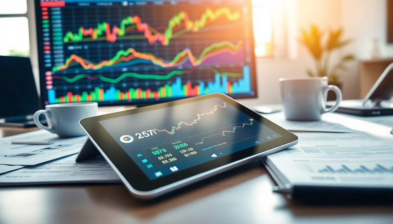 Engaging crypto trading scene with tablet and market graphs illustrating investment opportunities.