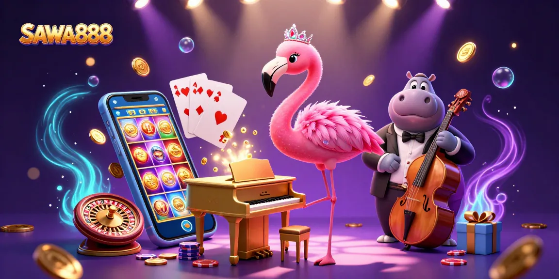 Win big at SAWA888 with vibrant slots, a flamingo singer, and a hippo bassist in a lively casino scene.