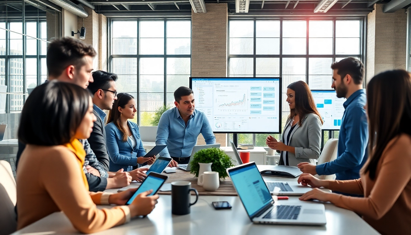 Showcasing enterprise assistant software in a collaborative office setting with diverse professionals.