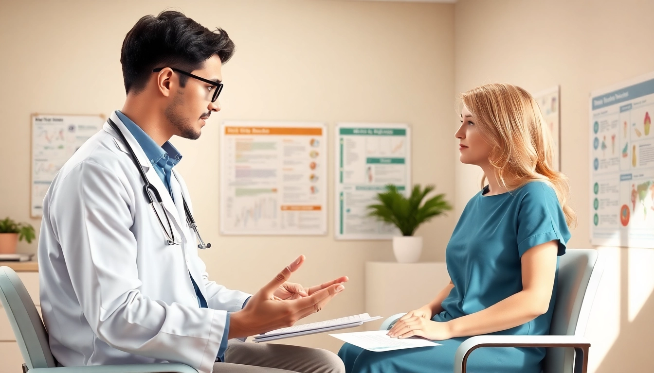 Health consultation between a healthcare professional and a patient with charts and medical props.