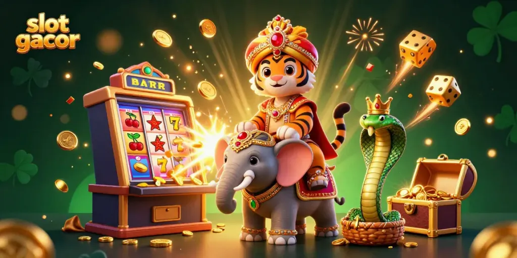 Experience the excitement of slot gacor with a 3D maharaja tiger and vibrant casino elements.
