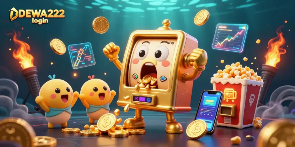 Win big at DEWA222 login with golden slot machines celebrating jackpots in a vibrant casino scene.