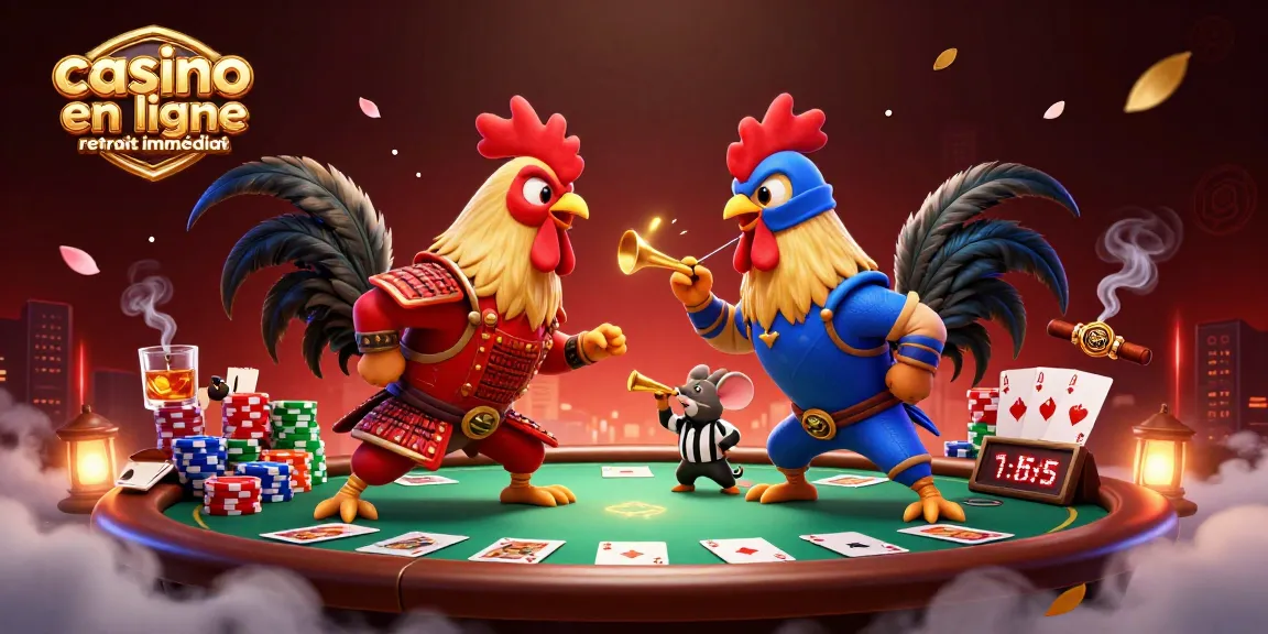 Plongez dans l'univers du casino en ligne retrait immédiat avec cette scène de combats de coqs et éléments de poker captivants.