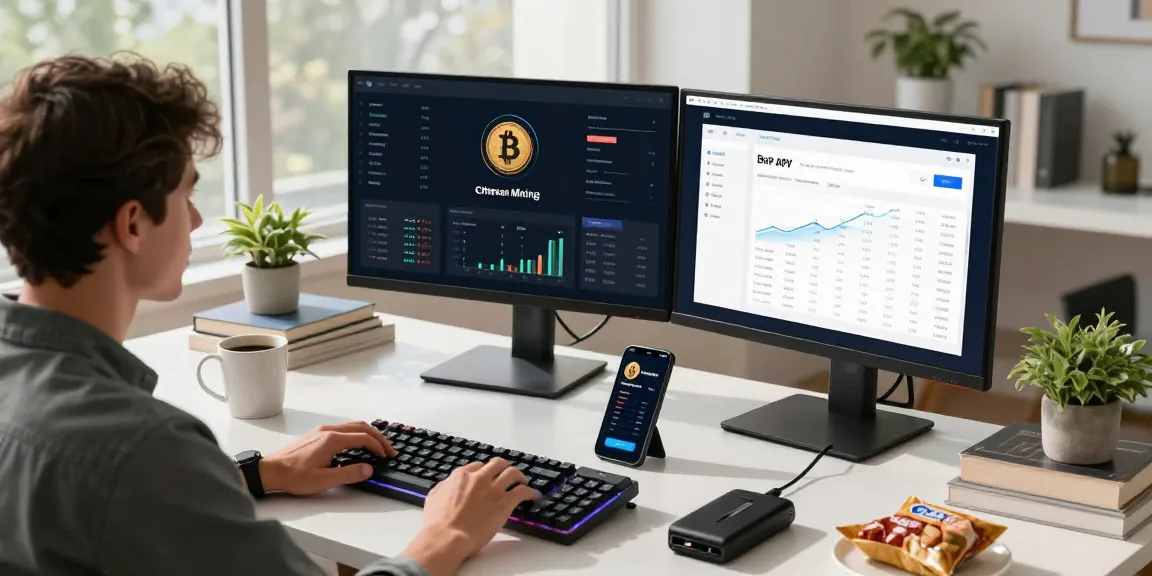 cloud mining platform workspace with Bitcoin mining charts and digital wallet