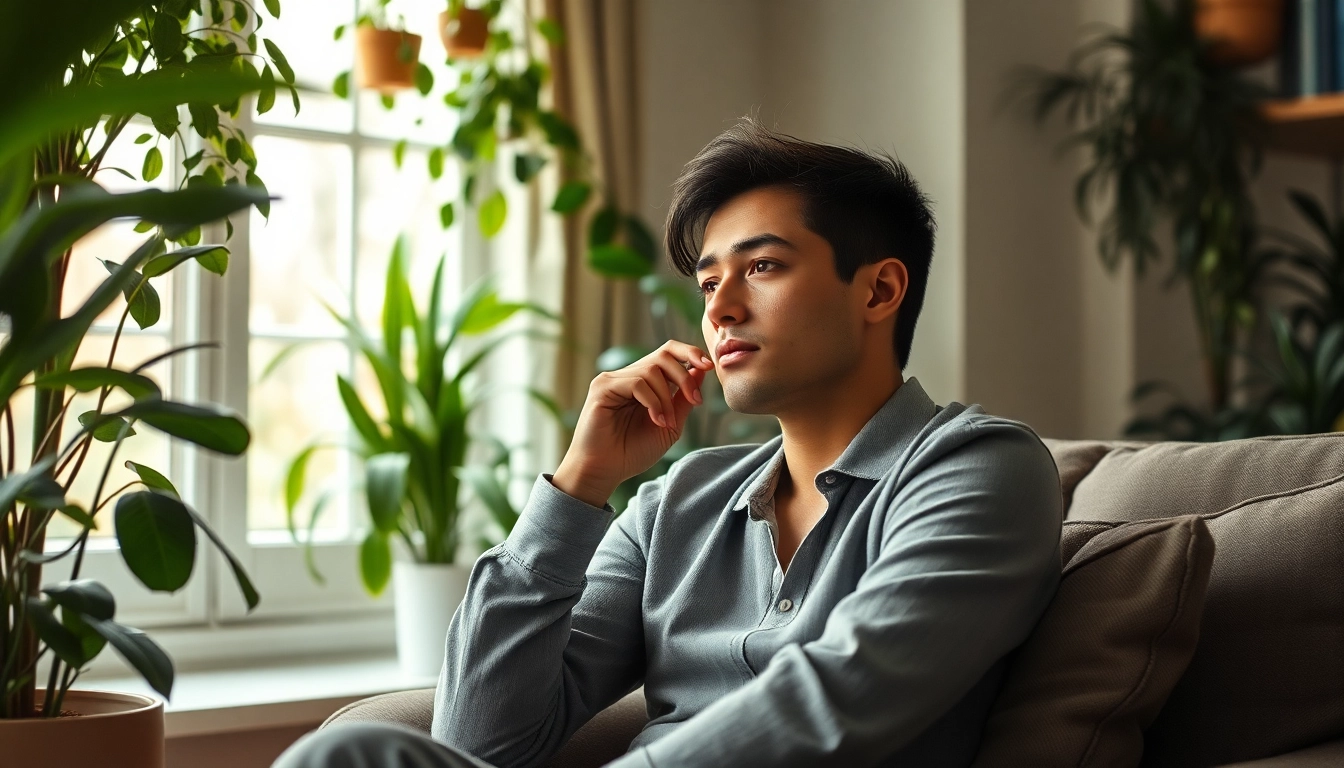Anxiety symptoms depicted by a reflective individual in a calming room, showcasing emotions and tranquility.