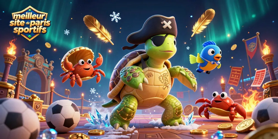 Illustration colorée du meilleur site de paris sportifs avec une tortue pirate et des éléments de jeu excitants.