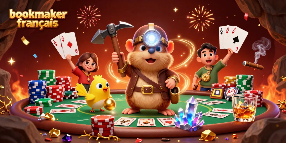 Jouer sur un bookmaker français avec des mises élevées et des cartes de poker au milieu d'une victoire festive.