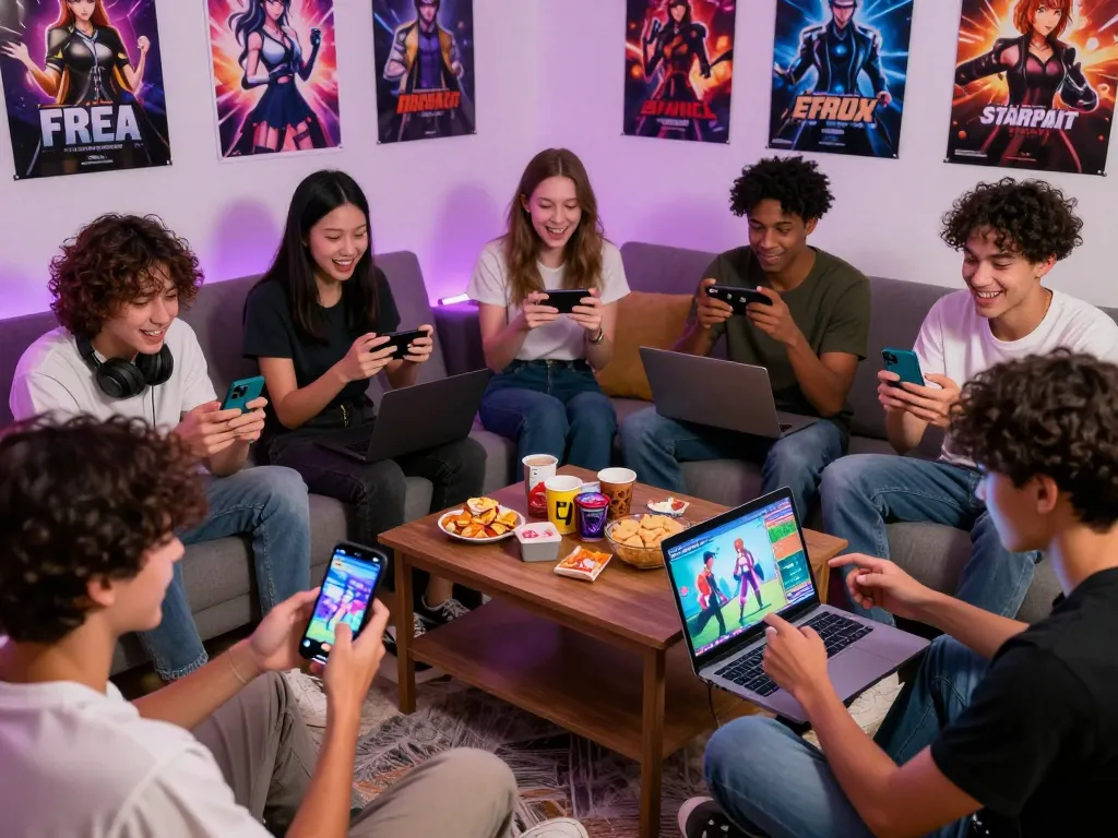 Engaged young adults enjoying free sex games together on multiple devices in a lively living room setting.