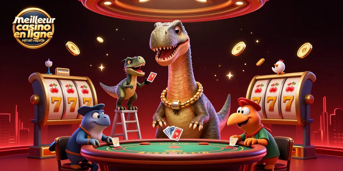 Retrouvez le meilleur casino en ligne retrait rapide avec un brontosaurus animant un jeu de poker.