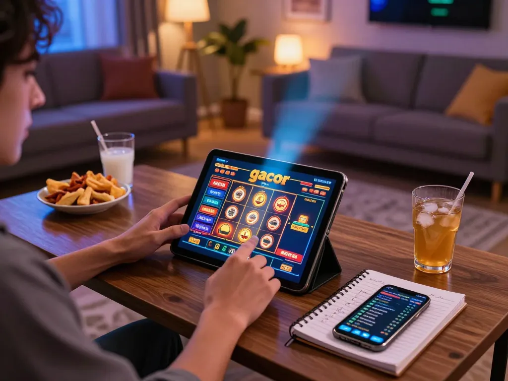 Playing a slot gacor game on a tablet at home while surrounded by strategic betting notes.