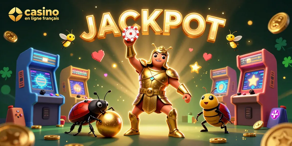 Découvrez l'illustration d'un héros coléoptère célébrant un jackpot dans un casino en ligne français.