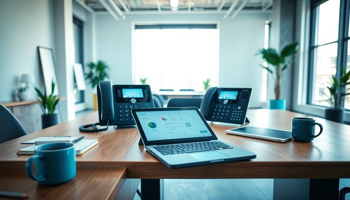 Displaying modern business phone systems on a desk in a professional office environment.