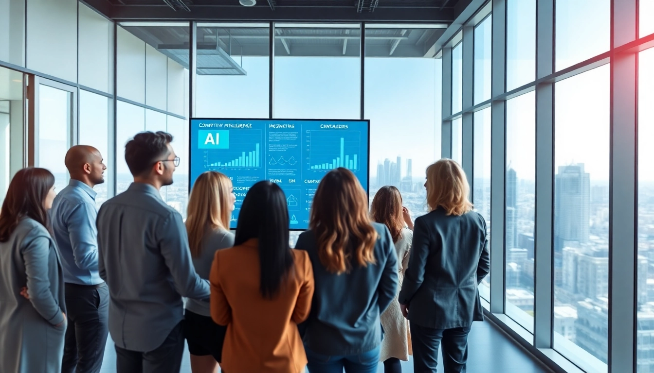 Illustration of professionals utilizing AI for competitive intelligence strategies in a collaborative office.