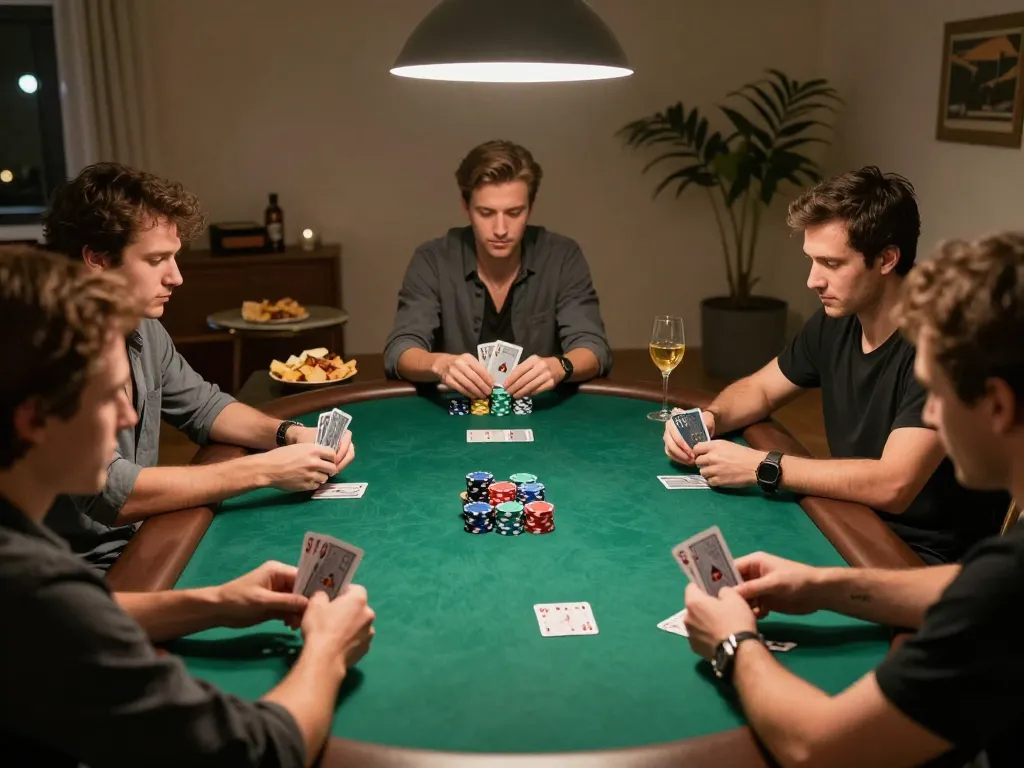 Players strategizing in an intense poker game, emphasizing hakobhakobyanart's artistic vibe of social and competitive gaming.
