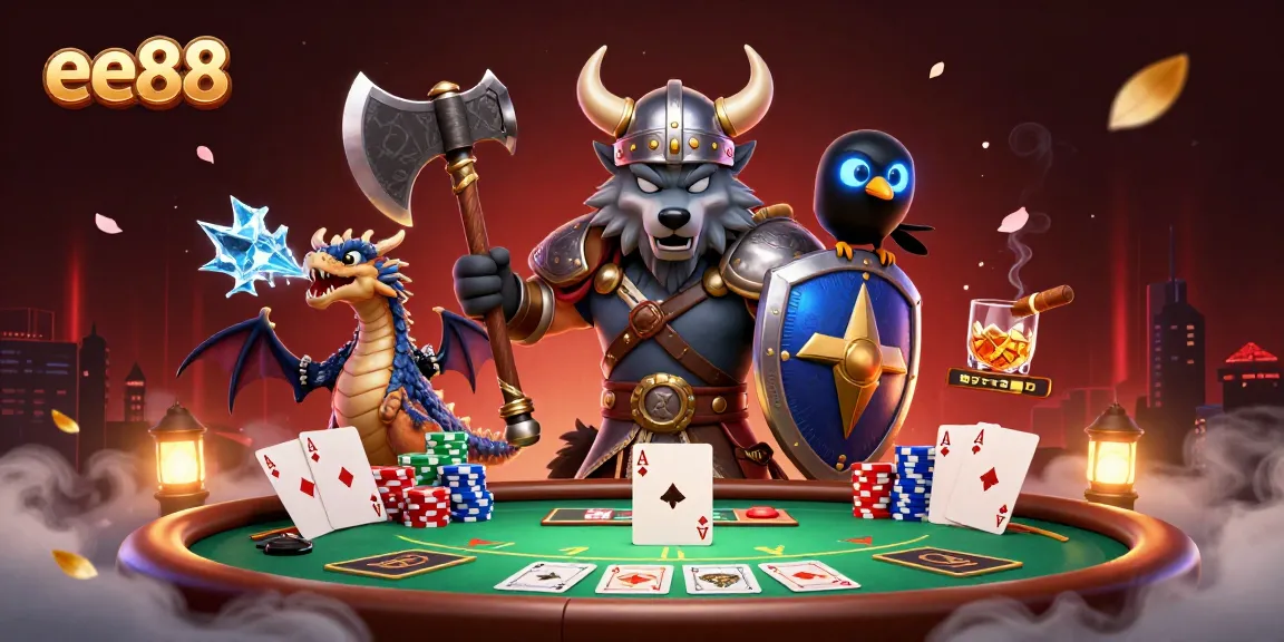 Experience thrilling poker action at ee88 with Viking warrior, fierce dragon, and glowing raven.
