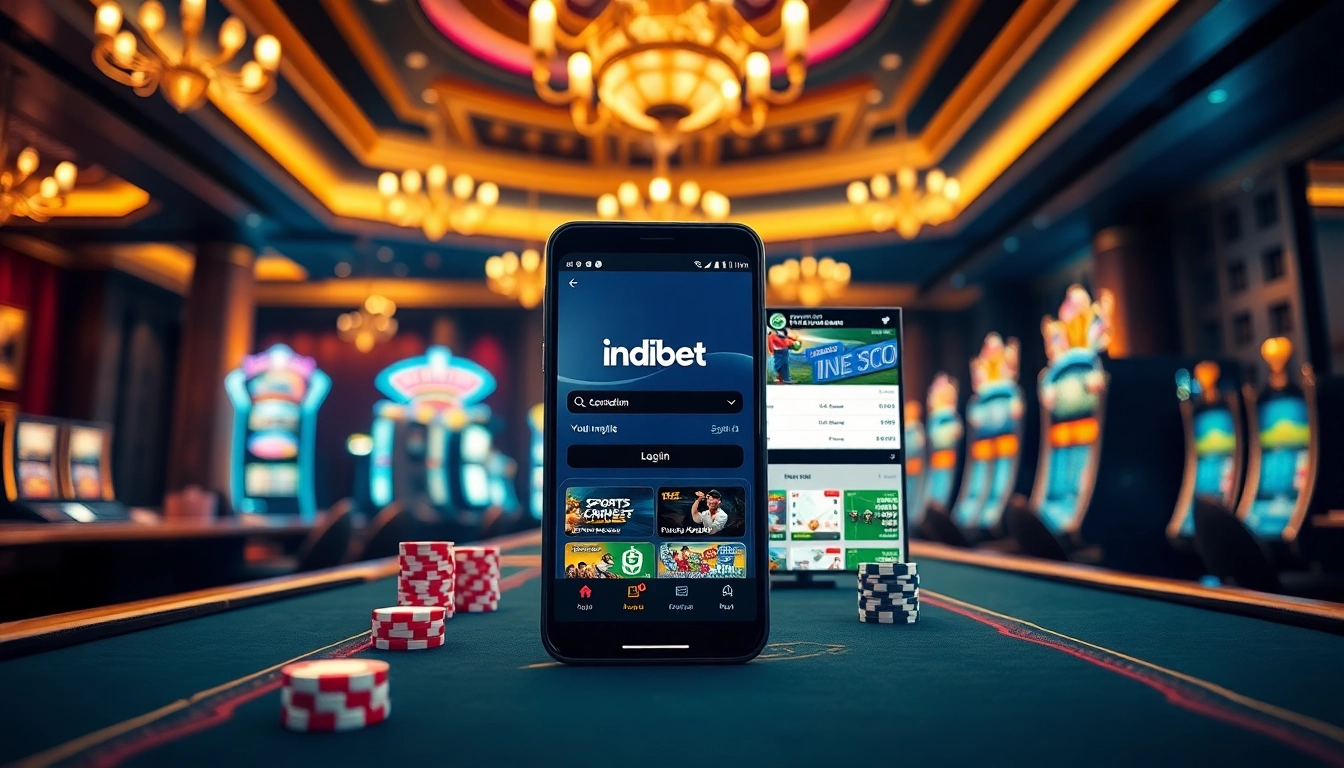 Access the indibet app login on your mobile device amidst a vibrant casino setting.