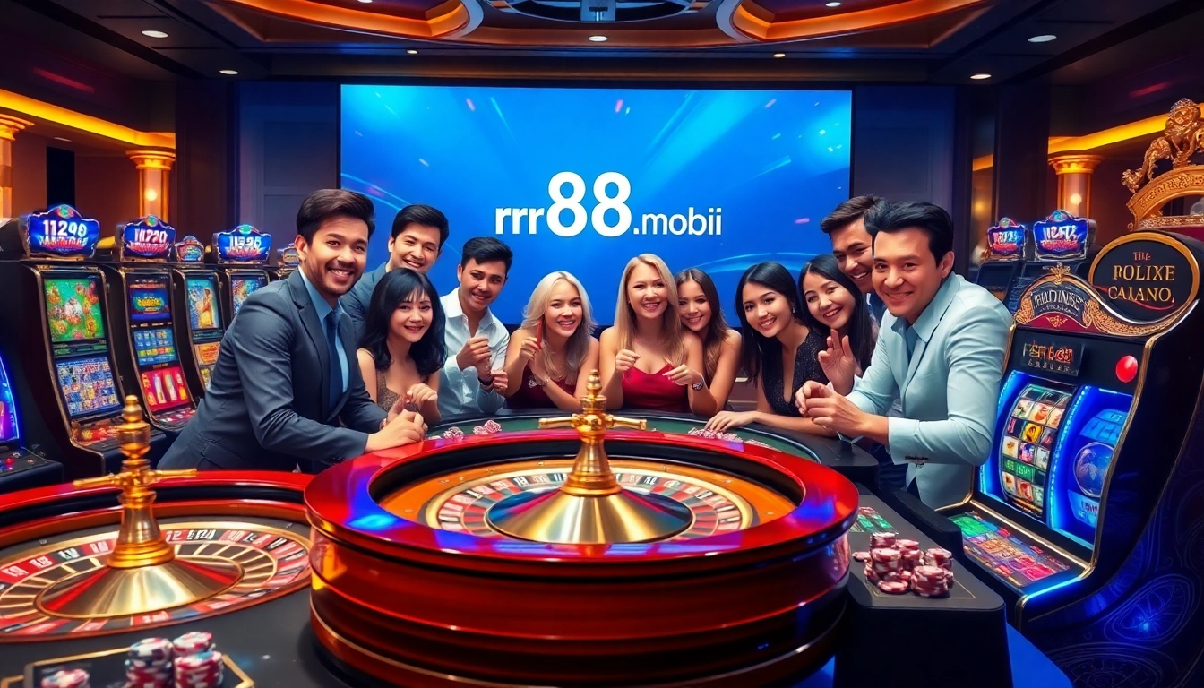 Players experiencing thrills at https://rr88c.mobi/ with colorful slot machines and vibrant casino tables.