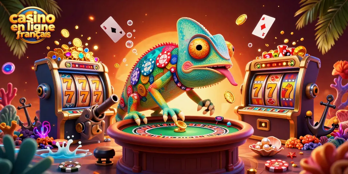 Jouez dans le casino en ligne français avec un caméléon coloré et des jeux de machines à sous scintillants.