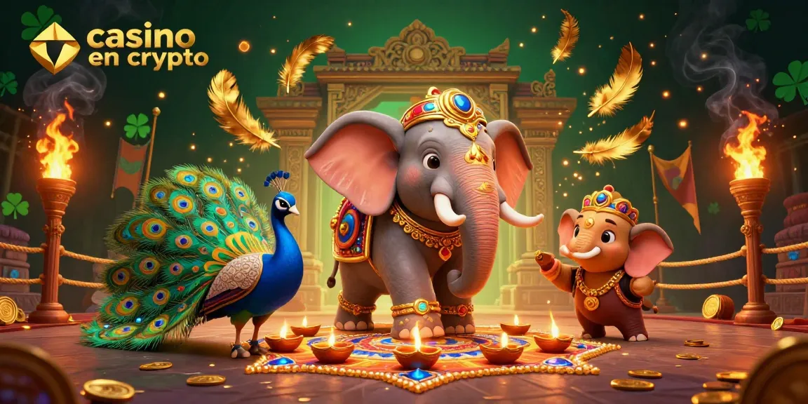 Illustration dynamique de casino en ligne crypto avec un éléphant Diwali et un paon, entourés de pièces d'or et de feux d'artifice.