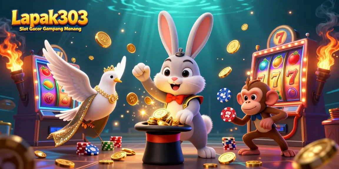 Experience high-energy play with Lapak303 Slot Gacor Gampang Menang illustrated featuring vibrant casino characters.