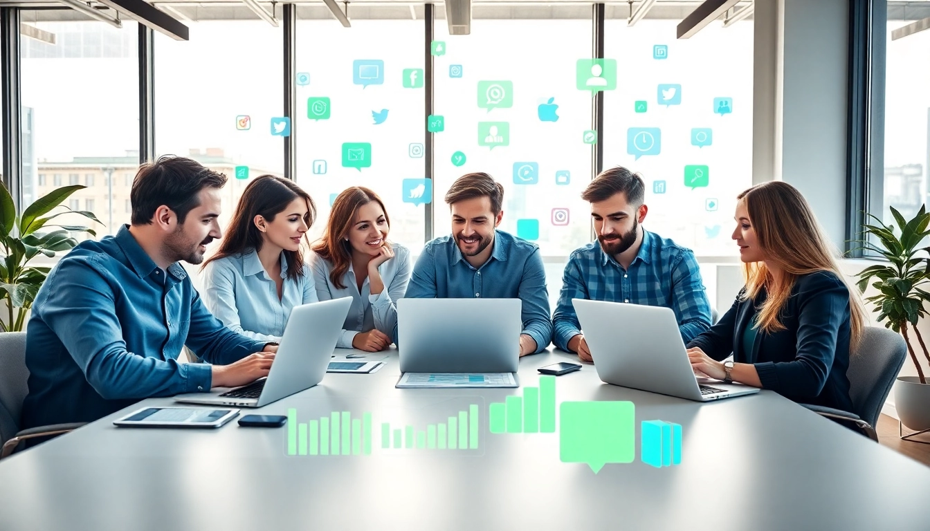 Engaging teamwork among social media marketing companies Edmonton in a vibrant office.
