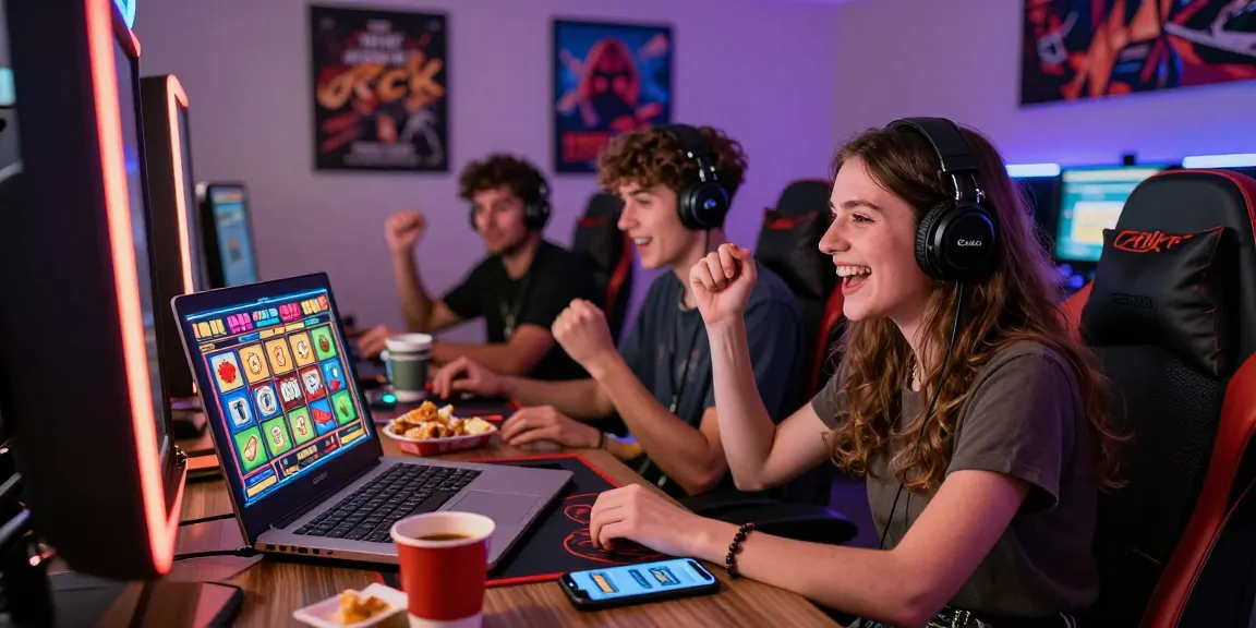 Exciting moment at credit card casinos with UK players enjoying games on laptops, vibrant graphics, and snacks.