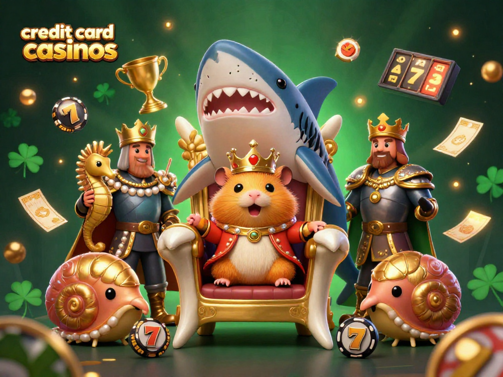Experience the excitement of credit card casinos with a golden hamster king on a megalodon throne surrounded by magical gaming elements.