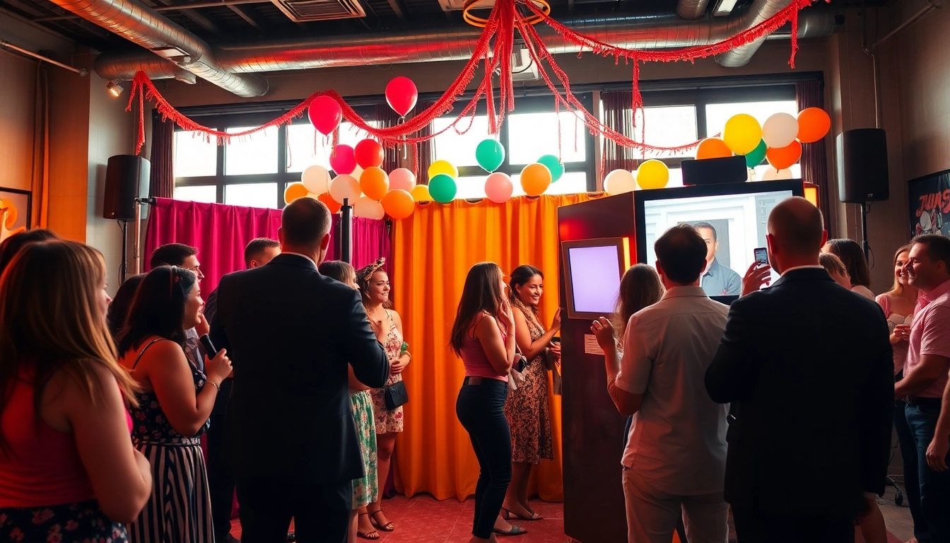 Guests enjoying a photo booth chicago filled with vibrant props and a cheerful atmosphere.