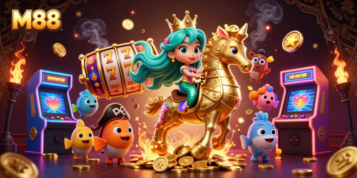 M88 welcomes you to exhilarating slots action with a mermaid princess, golden seahorse, and vibrant game themes.
