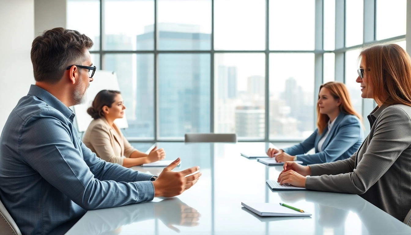 Mediation session showcasing a mediator guiding a discussion with diverse participants in a modern office.