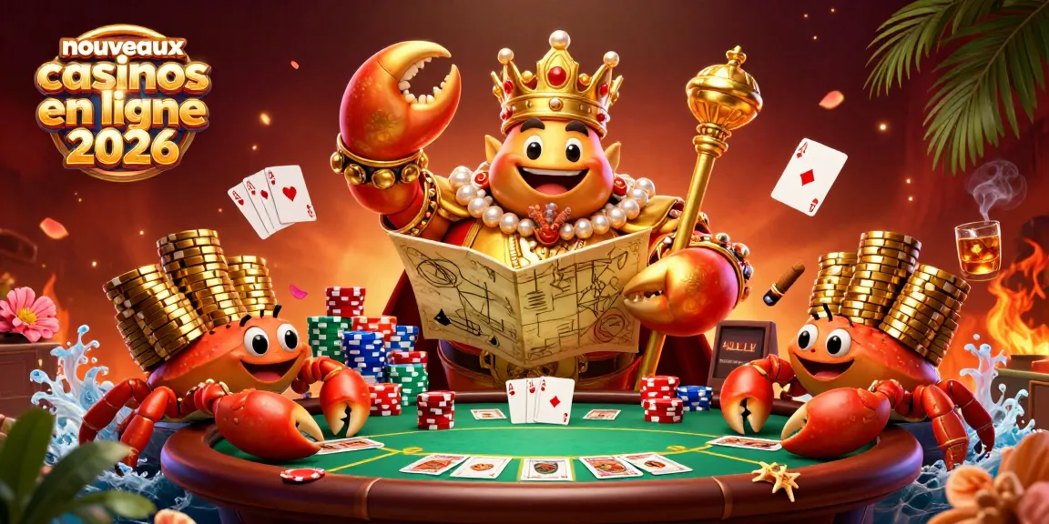 Vivez l'expérience des nouveaux casinos en ligne 2026 avec ce crabe empereur jouant au poker dans une scène animée.