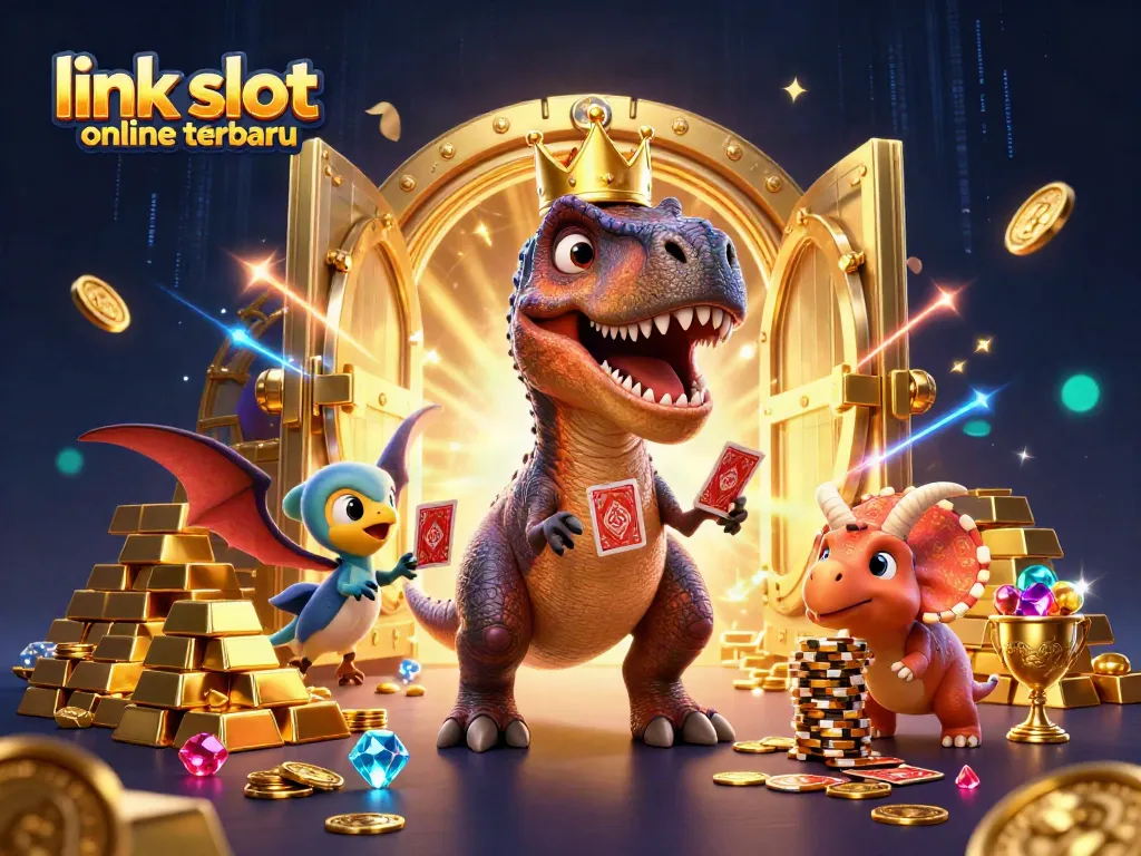 Menyenangkan bermain link slot online terbaru dengan karakter lucu yang beraksi di meja judi, dikelilingi oleh harta karun.