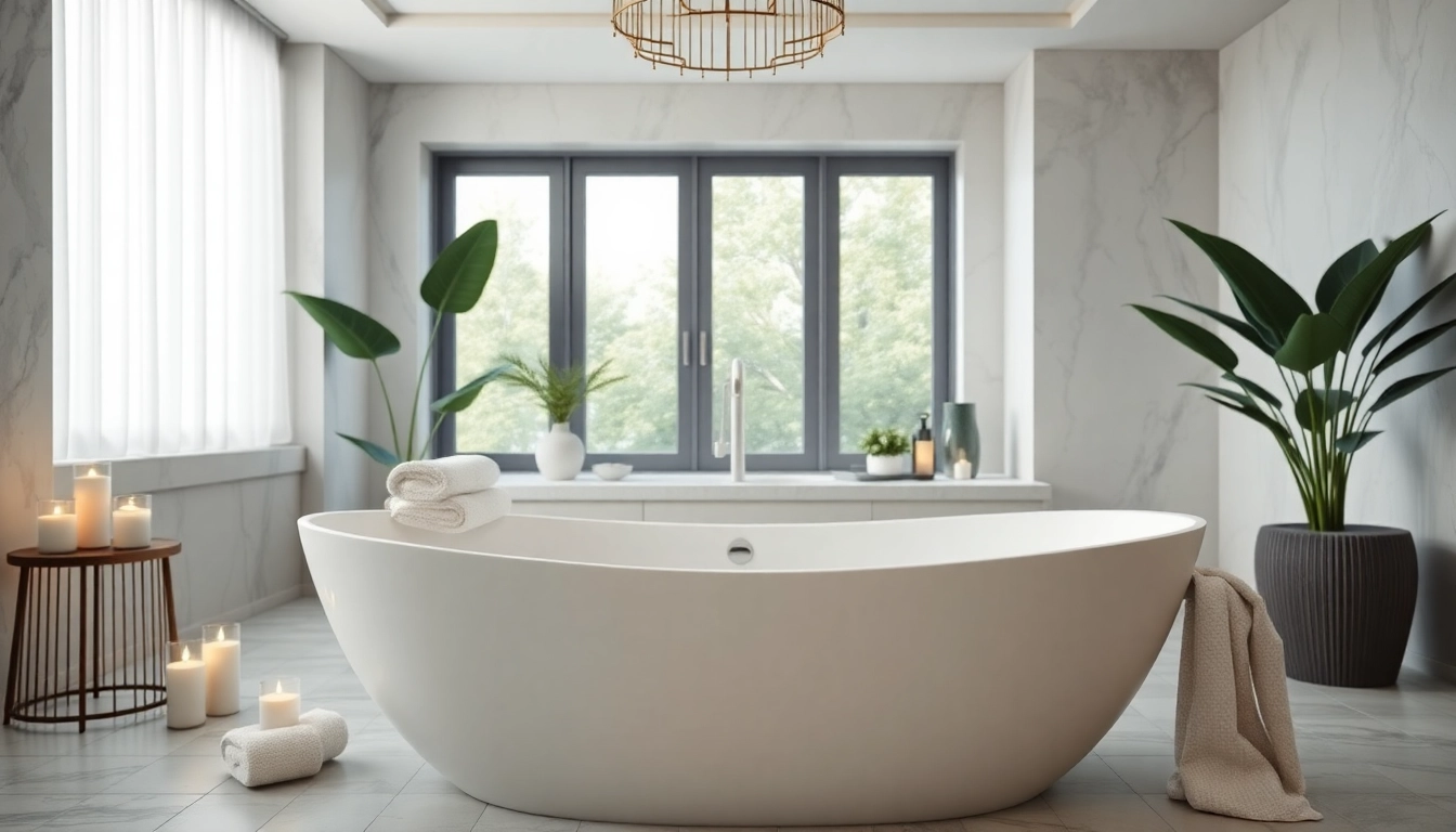 Vasca da bagno moderna in un elegante bagno decorato con candele e piante verdi.
