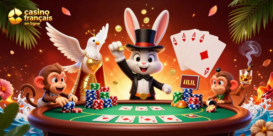 Le casino français en ligne anime une scène vivante de magie et de jeux de poker avec un lapin, une colombe et un singe.