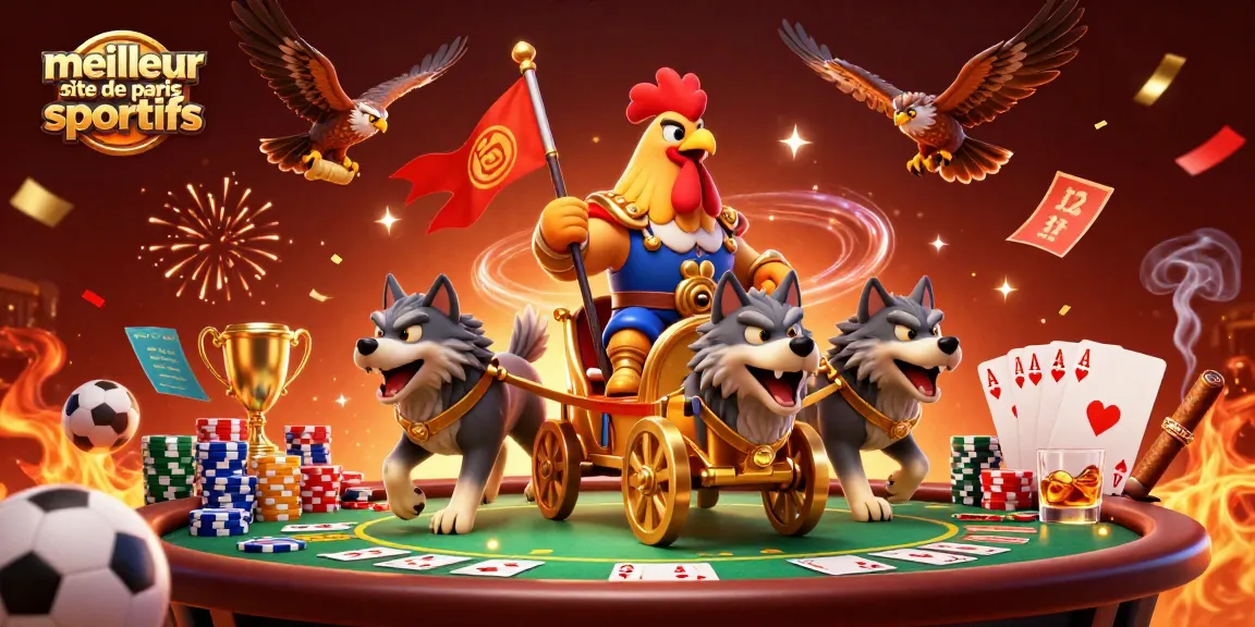 Illustration dynamique représentant le meilleur site de paris sportifs avec un roi coq en chariot d'or et éléments de paris.