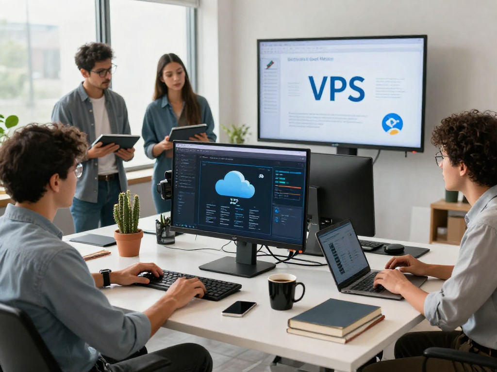 Escena de trabajo colaborativo sobre VPS Hosting en México con profesionales analizando infraestructura en un entorno moderno.