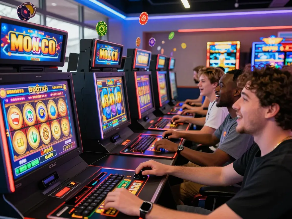 Players enjoying slot bet kecil games in a vibrant online gaming atmosphere, showcasing excitement and fun.