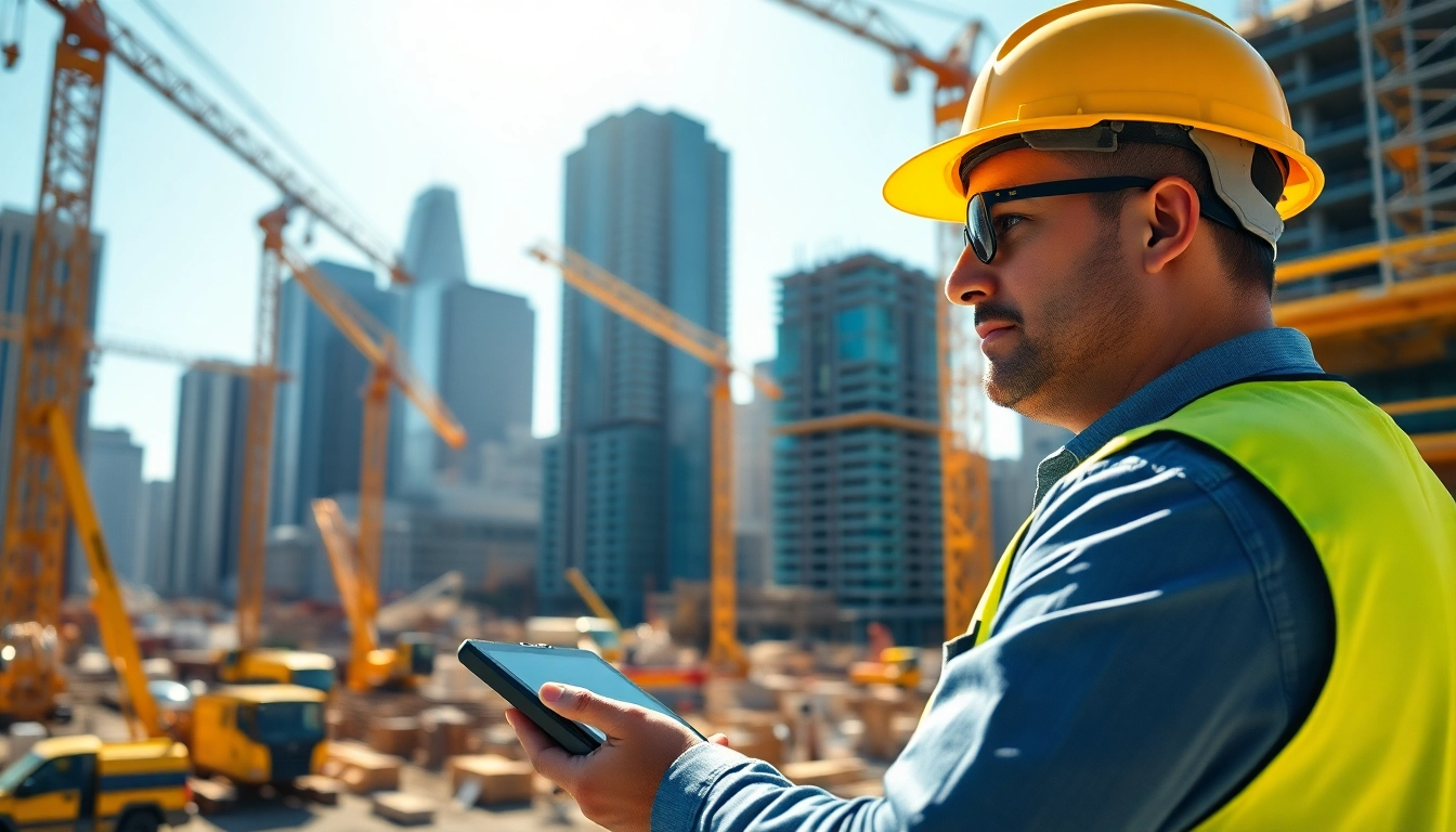 New York Construction Manager supervising a lively construction site with dynamic activity.