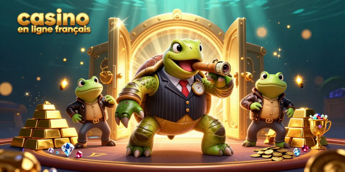 Le casino en ligne français animé avec une tortue massive, des grenouilles et des trésors scintillants.