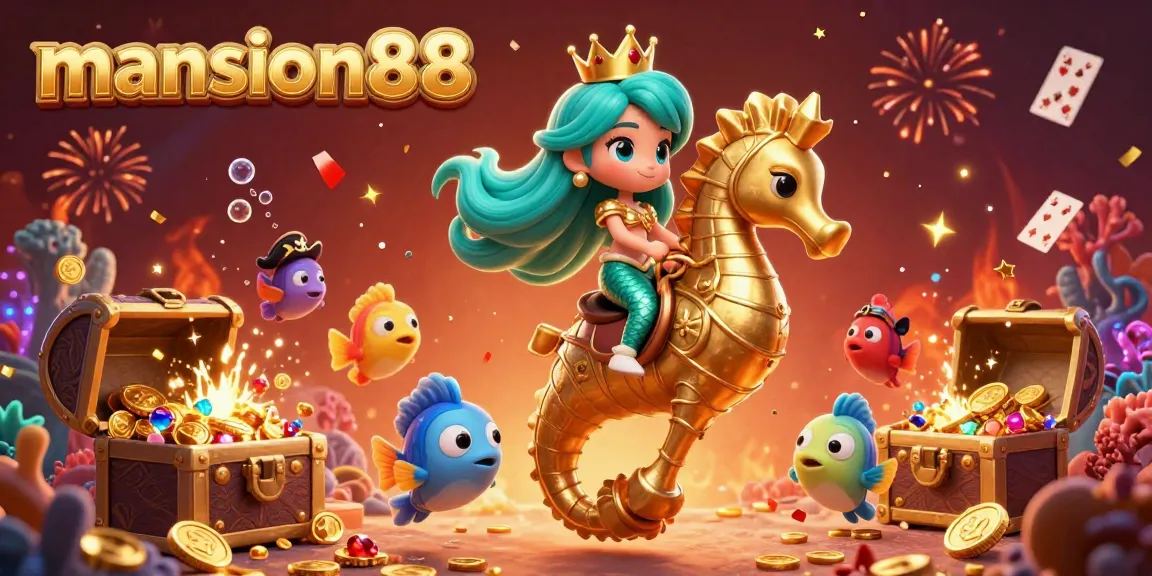 Mansion88 showcases a vibrant scene with a mermaid princess and seahorse amid a festive underwater casino theme.