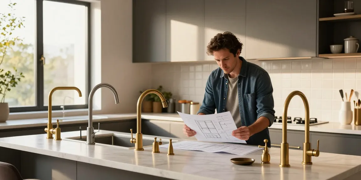Stylish kitchen faucets installation, showcasing designer coordinating faucet styles and materials in a modern kitchen.