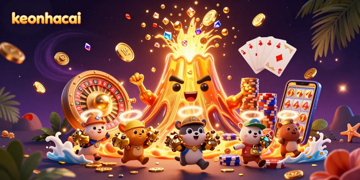Experience thrilling winning moments with keonhacai in this vibrant casino-themed illustration.