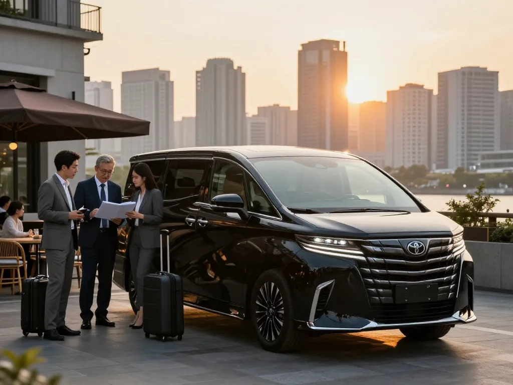 Trải nghiệm cho thuê xe Toyota Alphard cao cấp trong bối cảnh hoàng hôn đô thị với những người du lịch thảo luận kế hoạch.