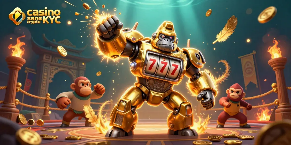 Profitez de l'animation captivante de casino sans KYC crypto avec une machine à sous géante et des pièces d'or qui volent.