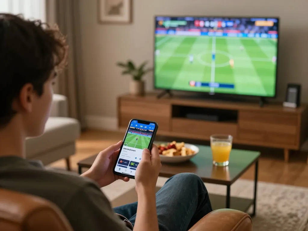 Experience situs judi bola excitement on smartphone in a cozy home setting while watching a live game.