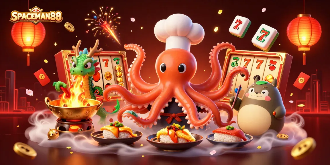 SPACEMAN88 showcases a vibrant 3D casino scene with slot reels, a dragon, and festive details.
