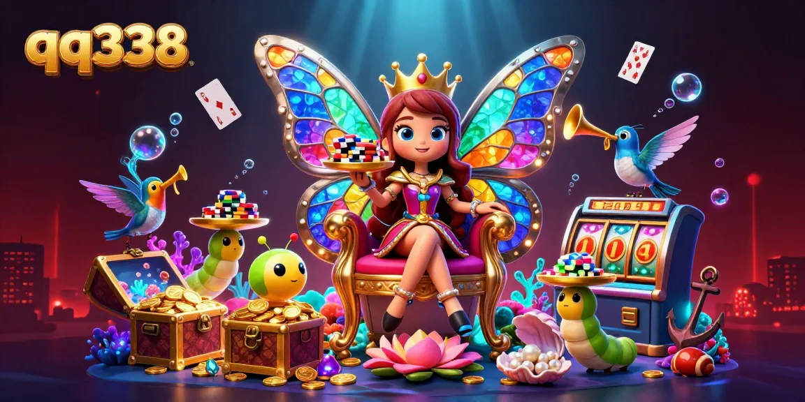 Experience immersive gaming action with qq338, featuring a vibrant scene of a butterfly queen, casino elements, and underwater treasures.