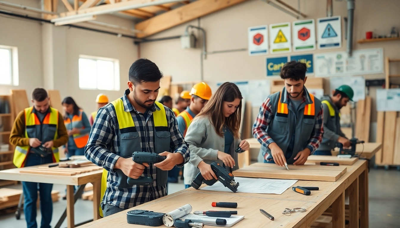 Engage in construction craft training with diverse trainees using tools in a dynamic workshop.
